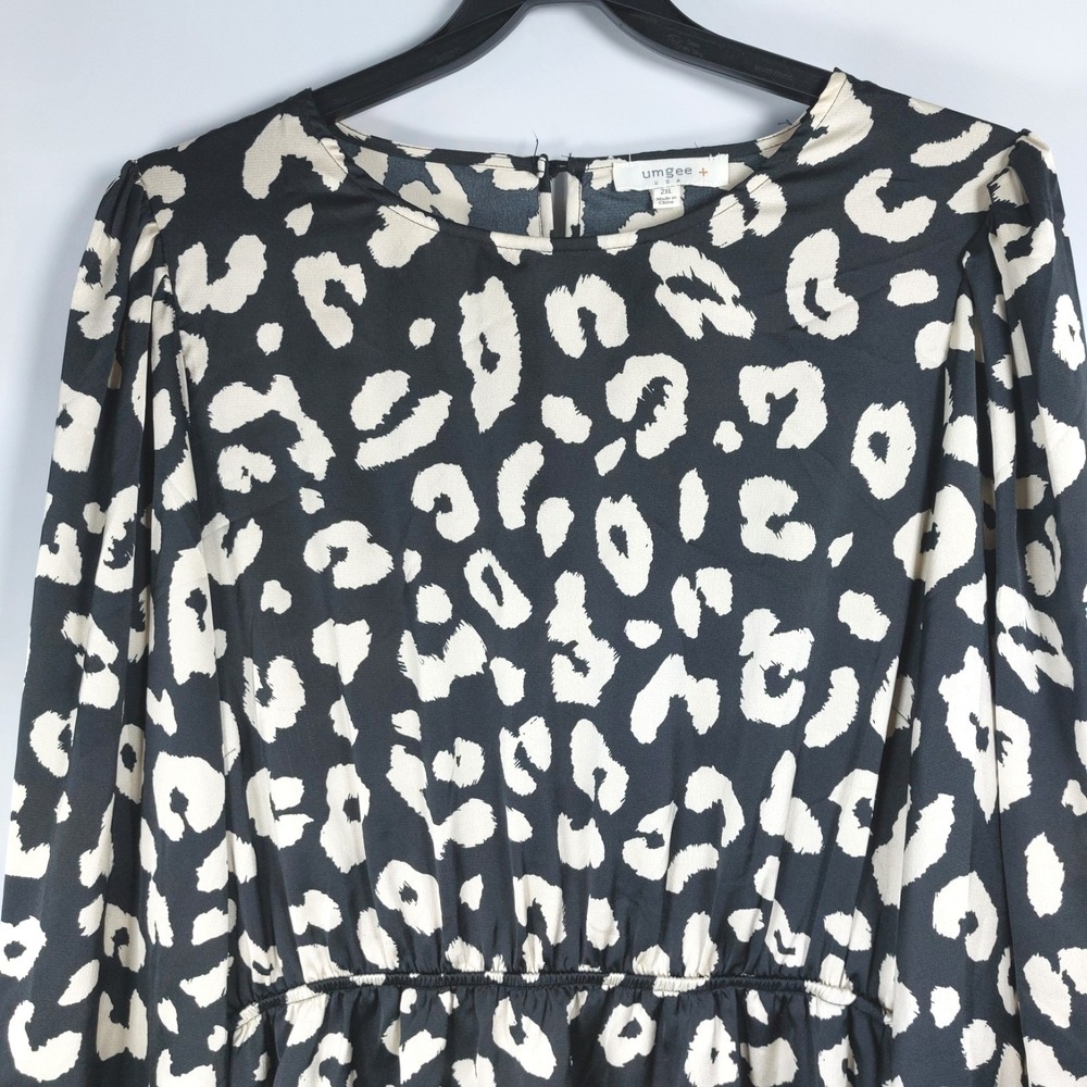 Umgee USA Leopard Print Dress Size 2XL Black Tan Smocked Cuff Long Sleeve - Picture 3 of 8